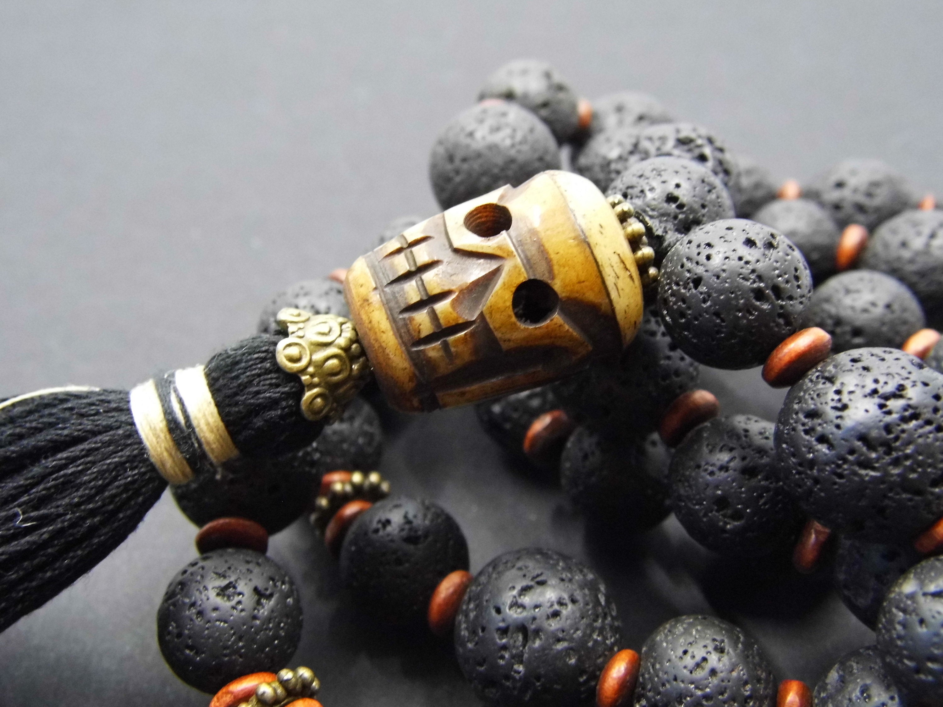 Black Tassel Tribal Skull Mala Necklace - Lava Stone Beaded Long Chain –  gaiaproject